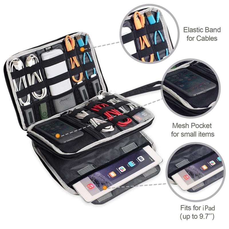 BUBM Double Layer Electronics Organizer, Travel Gadget Bag for Cables, Memory Cards, Flash Hard Drive and More, Fit for iPad or Tablet(up To 9.7")--Large, Dark Blue - Image 4